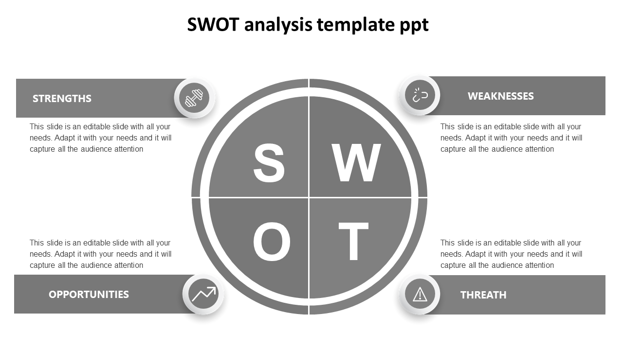 Gray themed SWOT analysis slide with a central circular design and four labeled quadrants with text boxes.