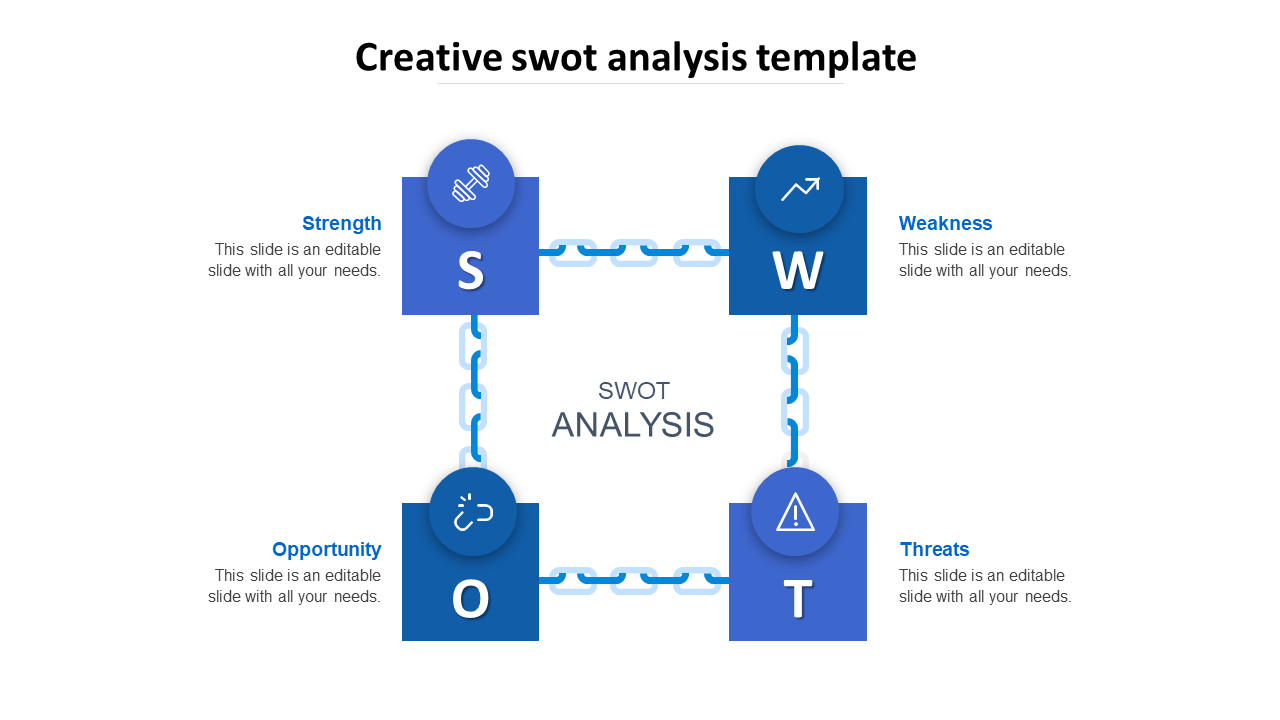 Creative SWOT analysis PowerPoint template with interconnected blue blocks with icons and placeholder text.