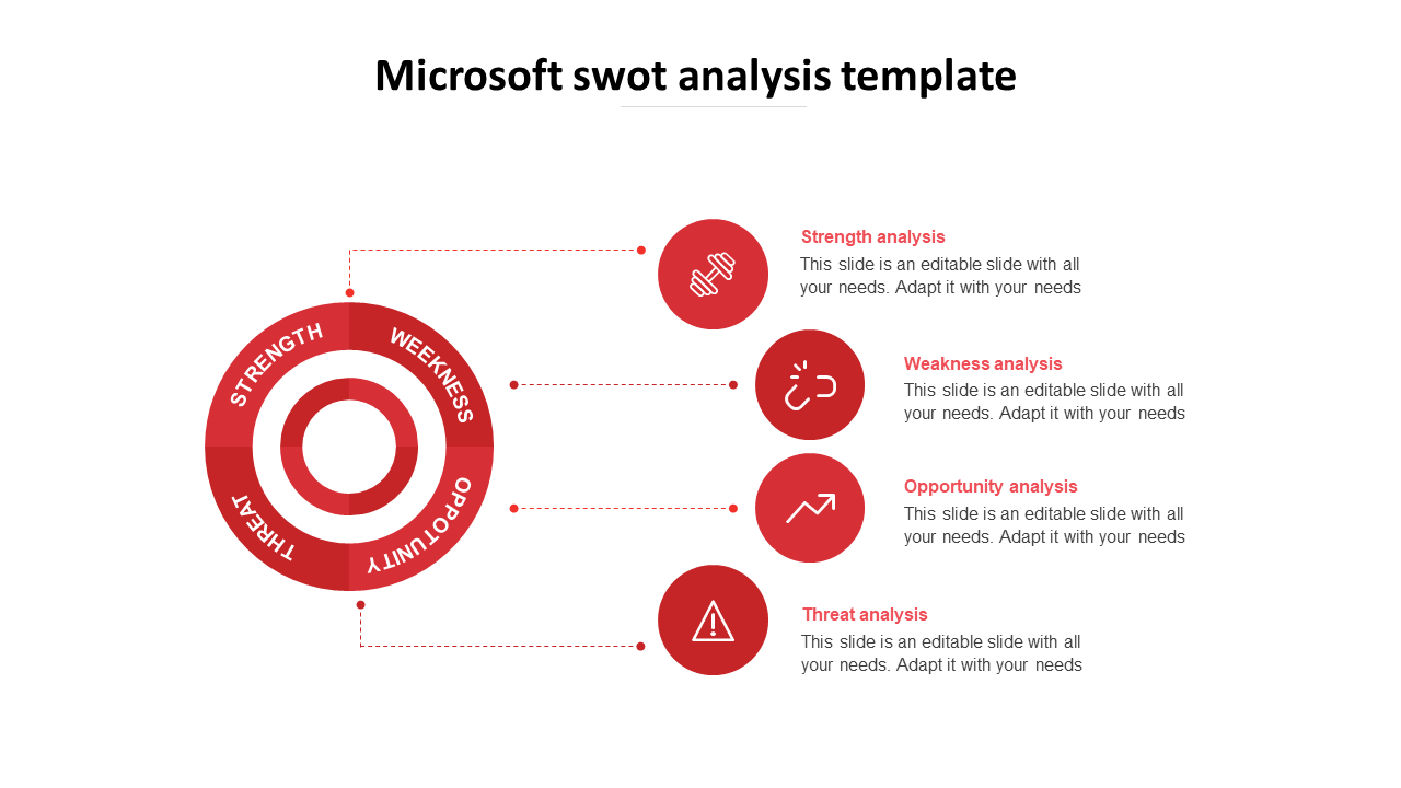 Red circular SWOT diagram, with lines extending to icons and placeholder text boxes detailing the analysis on the right side.