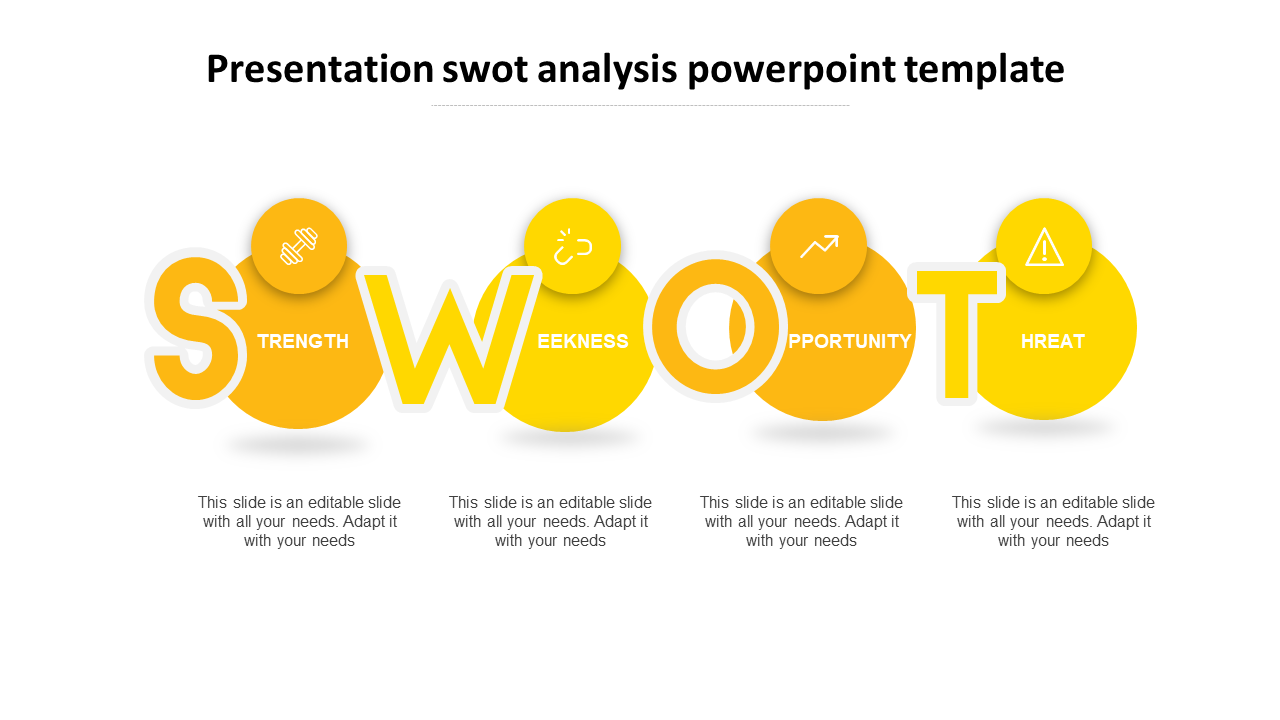 SWOT analysis design with four yellow circular icons for each category, labeled with related letters.