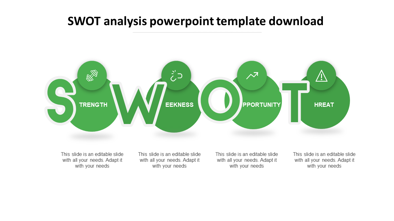 Horizontal infographic showing the four component of SWOT with each section highlighted by a letter, icon, and caption areas.