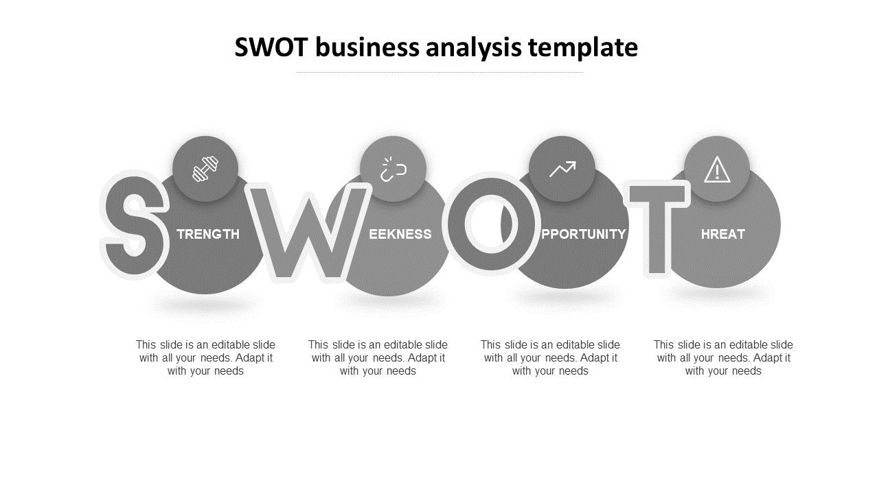 Minimalist SWOT analysis layout with large lettering and shadowed circular icons for each component.