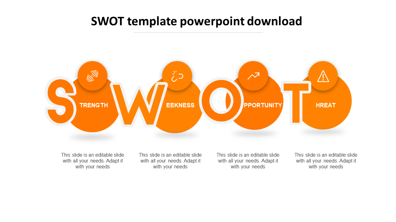 Modern SWOT analysis PowerPoint template with bold typography and orange circular elements for each category.