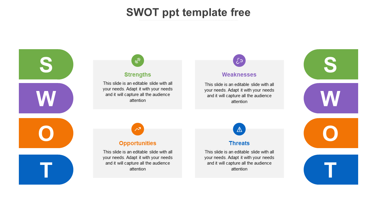 Colorful SWOT PPT template with sections for Strengths, Weaknesses, Opportunities, and Threats with icons and text.