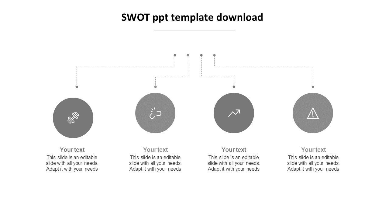 SWOT analysis slide with icons for each category, placed in four gray circles and linked by dotted lines.