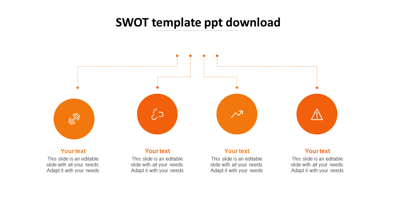 Orange themed SWOT diagram with four circular icons and dotted lines connecting them, with text below.