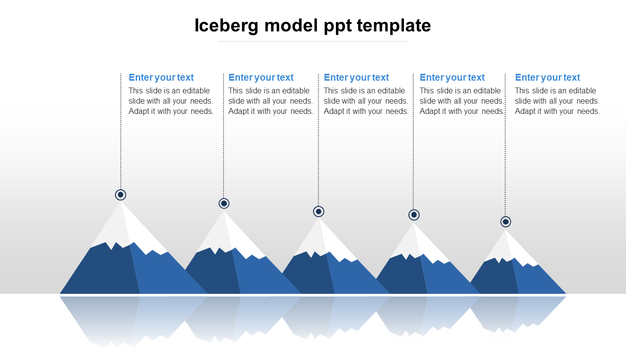 Iceberg model PowerPoint template with five labeled peaks for text entries.