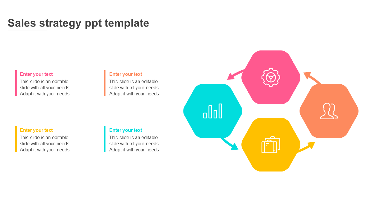 Colorful hexagonal sales strategy PowerPoint template with interconnected icons with placeholder text.