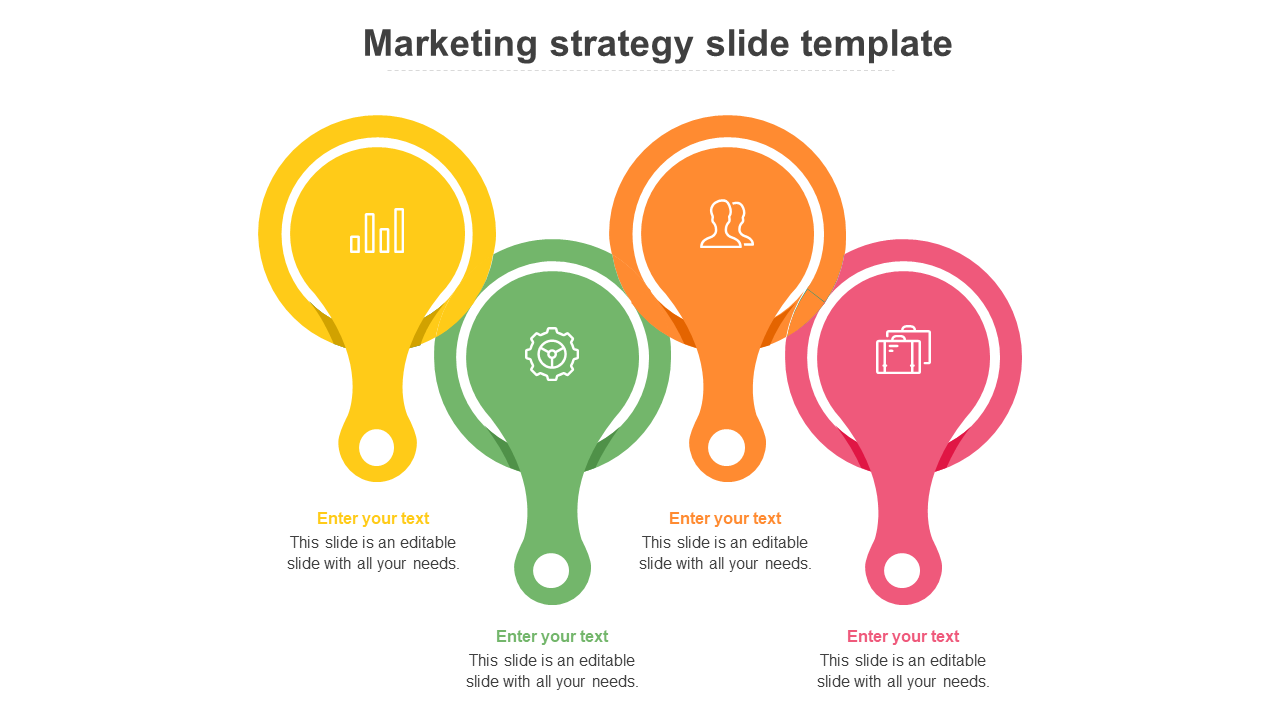 Colorful marketing strategy infographic with four circular elements in yellow, green, orange, and pink, each with icons.