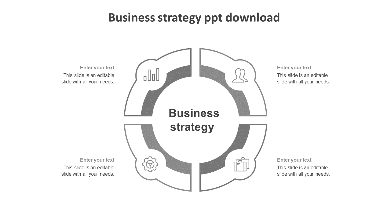 Business strategy diagram slide with four key areas with icons and placeholder text.