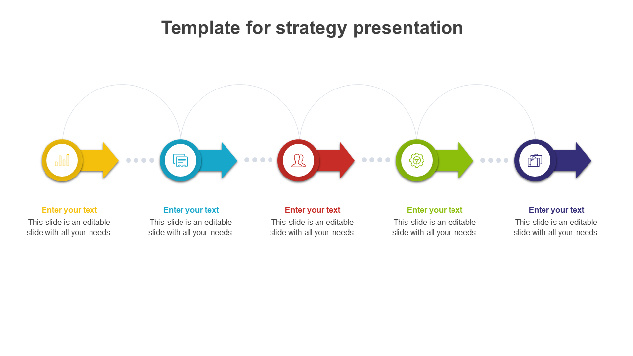 Colorful arrow based PPT template for strategy presentations with five sequential steps and icons with placeholder text.