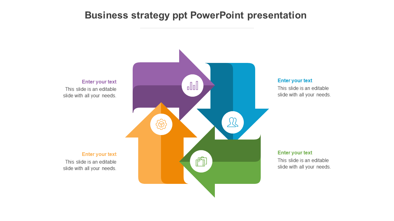 Business strategy PowerPoint slide with four interconnected arrows in different colors, each with an icon and text area.