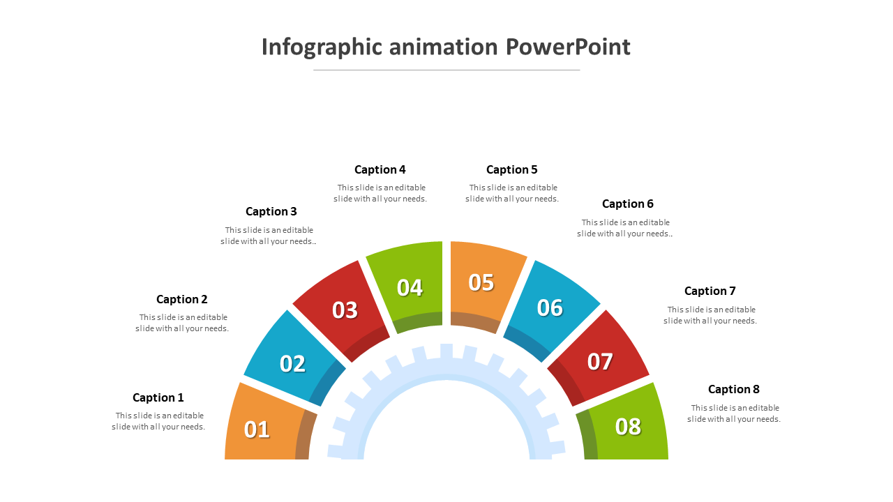  Semi-circular infographic with eight numbered wedges in multiple colors, connected to caption areas.