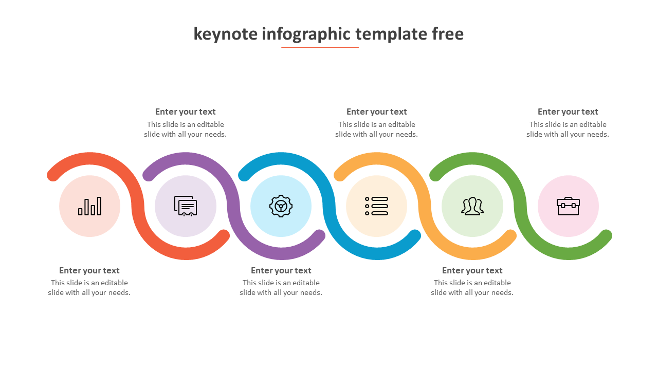 Colorful keynote infographic template showing six circular stages for text and icons.