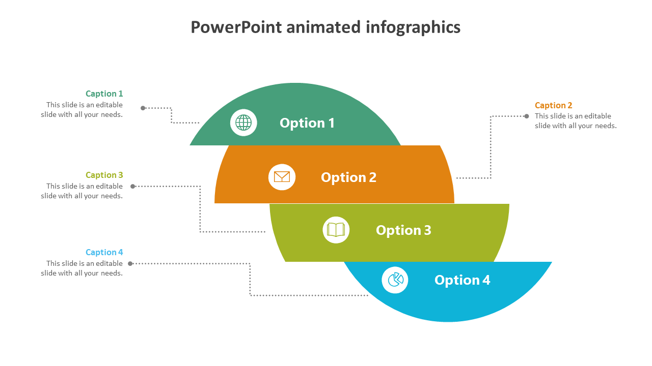 Layered semicircle infographic with four colorful options in teal, orange, green, and blue, linked to captions.