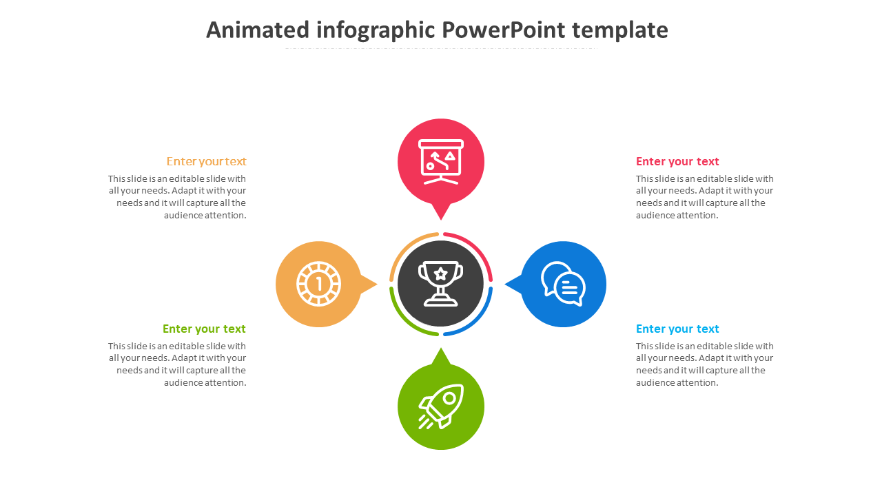 Circular infographic layout with a trophy at the center, surrounded by red, blue, green, and orange icons and text areas.