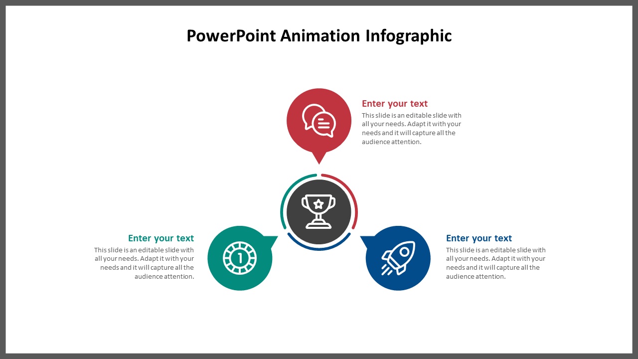 Animated infographic PPT slide with three color coded sections connected to a central trophy icon with placeholder text.