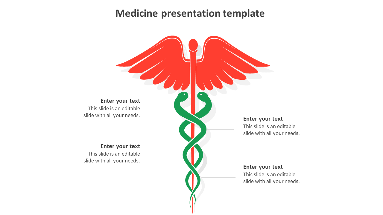 A red winged caduceus symbol with two green snakes intertwining a staff, paired with four captions around it.