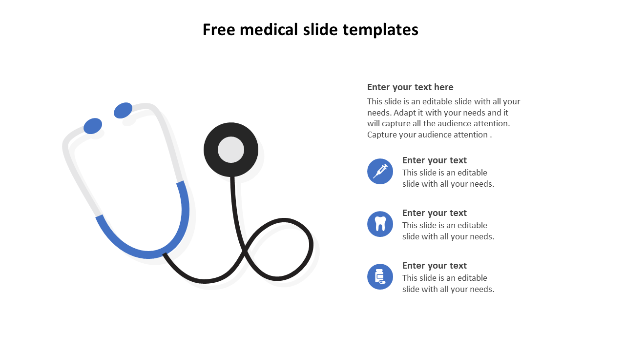 Medical PowerPoint slide featuring a stethoscope illustration and text sections with healthcare icons on a white backdrop.