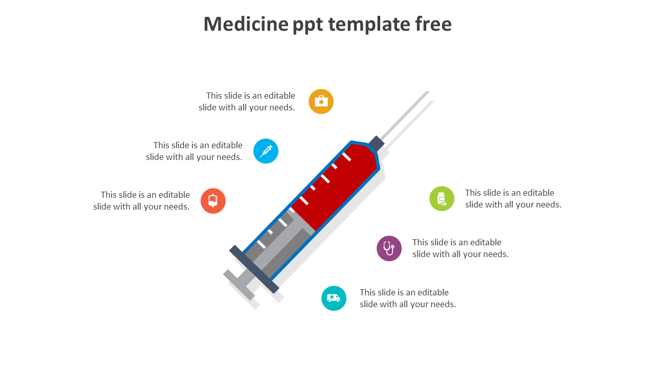 Medicine slide featuring a syringe graphic for various content needs with color coded icons with placeholder text.