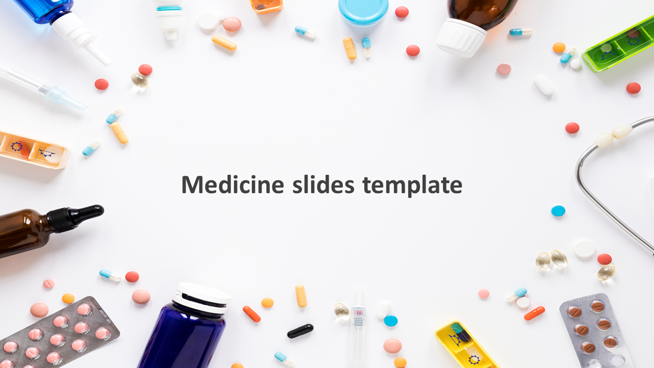 White slide with assorted medical items and pills scattered around the edges, forming a circular frame of title.