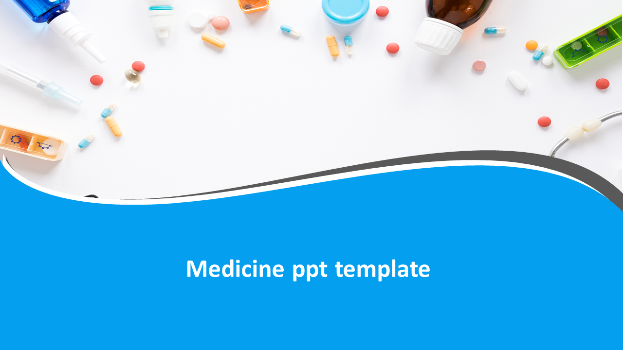 A medical theme with scattered pills and syringes, a blue wave-shaped section at the bottom displaying the title.