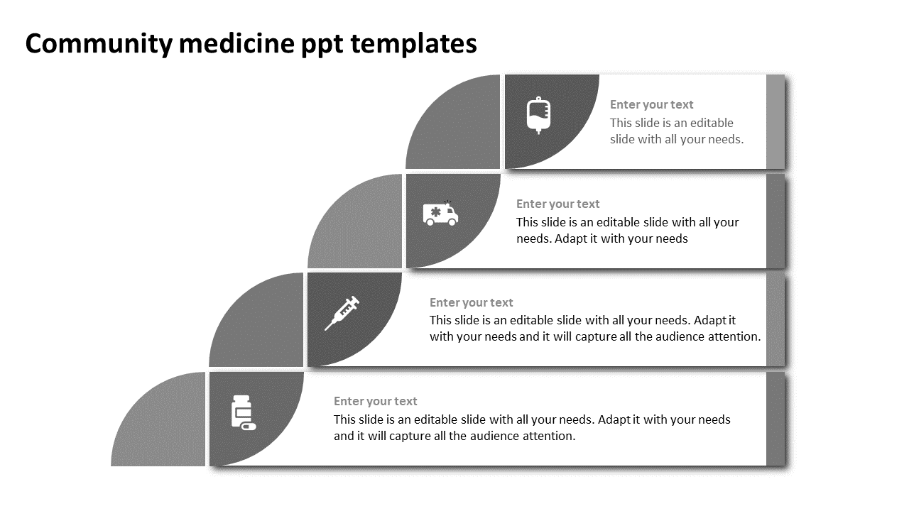 Community medicine PPT slide featuring a wavy design with placeholders for text, accompanied by icons.