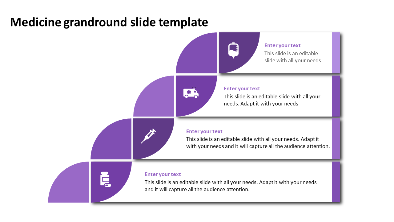 Medicine themed slide with five purple blocks in a helix shape, each representing a step with an icon and text.