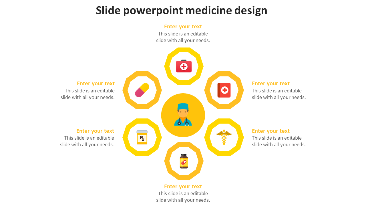 Health and medicine PPT slide with a central doctor icon surrounded by yellow medical symbols in an octagonal layout.