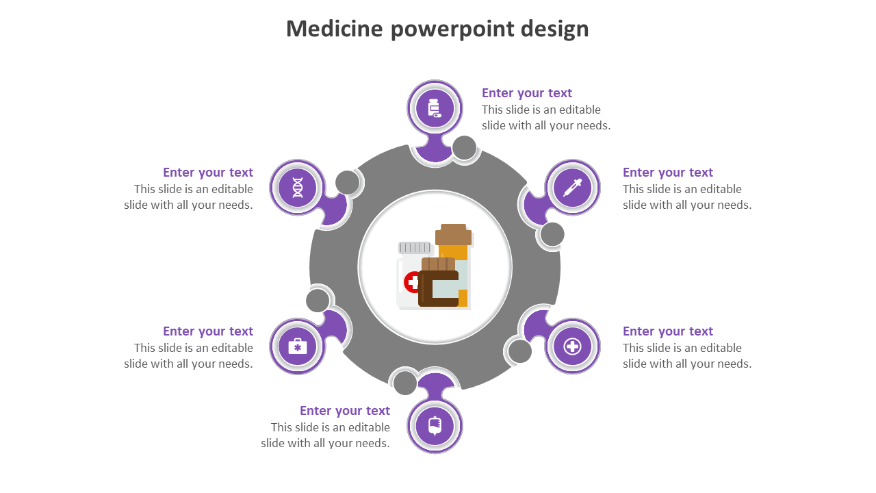 Slide with a central medicine icon and six surrounding purple sections, each with healthcare icons and space for text.