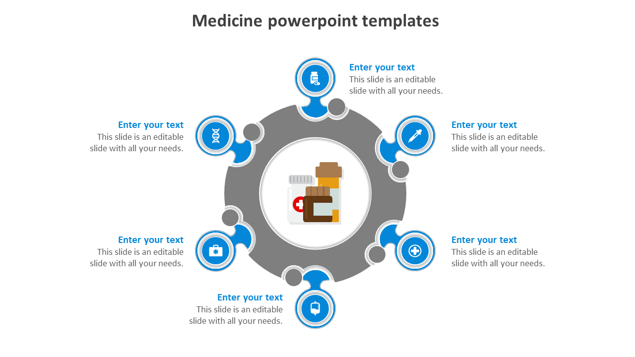 Medicine PPT slide with a grey circular layout, featuring healthcare blue icons with placeholder text on a white backdrop.