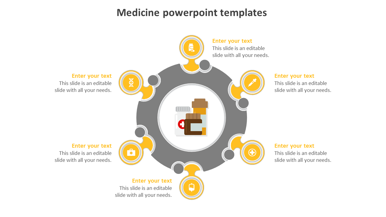 Medicine-themed presentation slide with a central pill bottle graphic, encircled by six yellow and gray medical icons 