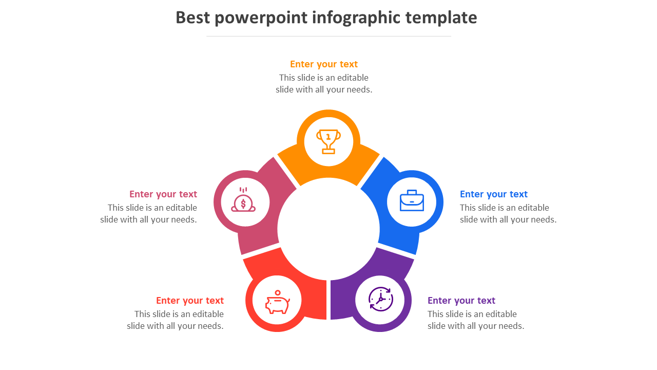 Ring shaped infographic with five colorful, curved blocks in yellow, blue, purple, orange, and pink, each with icon and text.