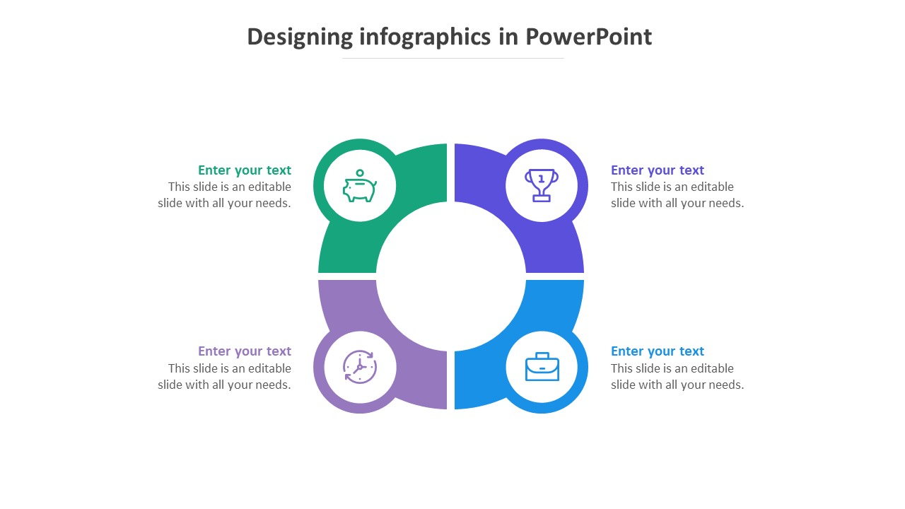 Circular infographic PowerPoint template with four color coded sections and icons with placeholder text on a white backdrop.