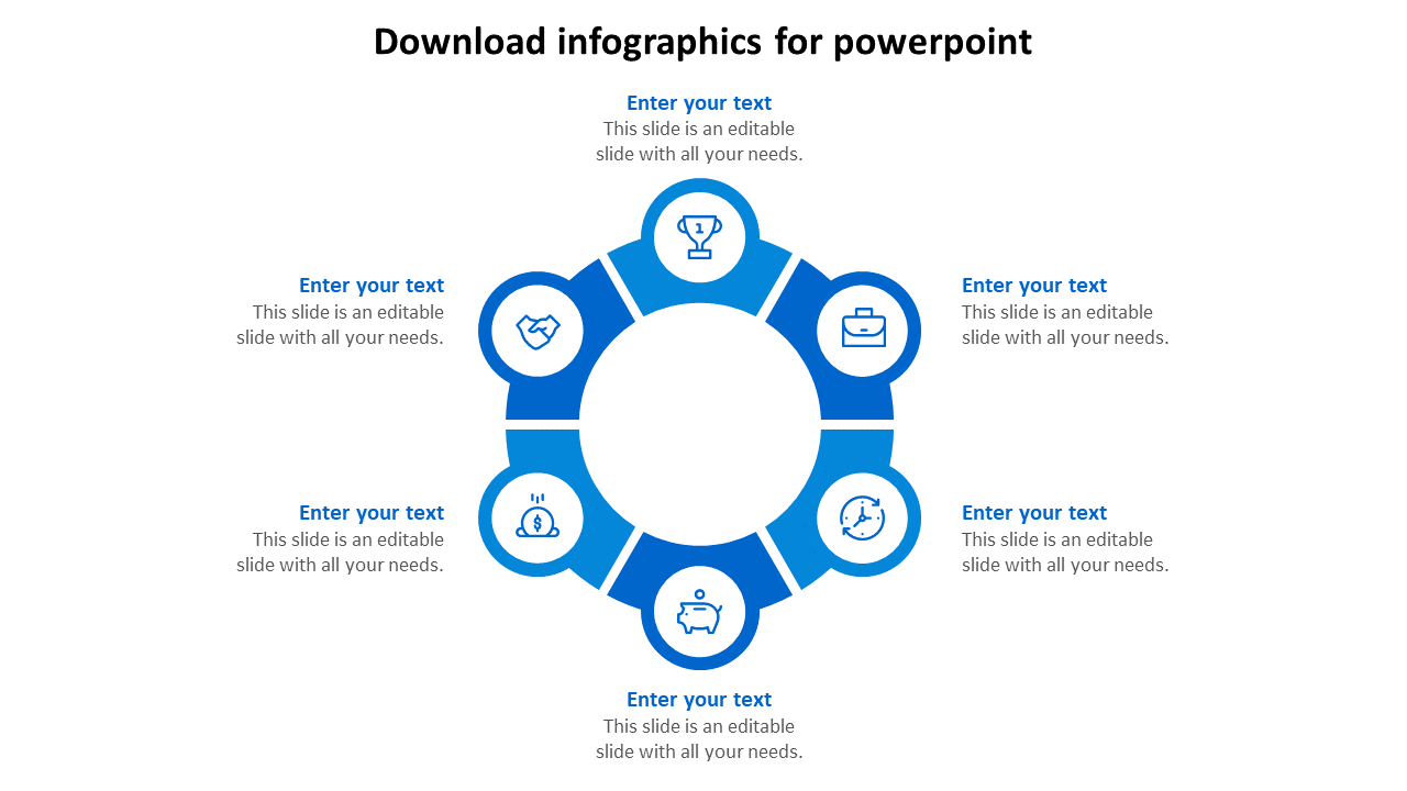 Circular design with six blue segments, each containing an icon, with placeholders for text around the circle.