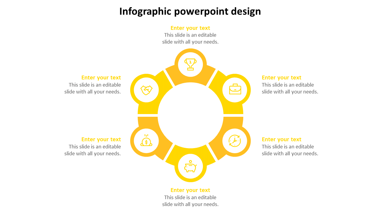 Monochrome circular infographic Google Slides template with six yellow segments and text placeholders on a white backdrop.