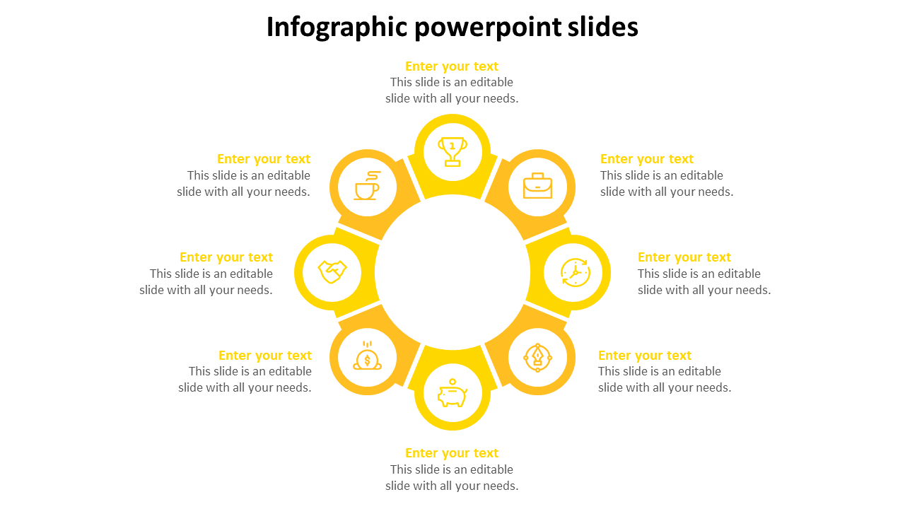 Infographic template with eight yellow sections arranged in a circle, each with an icon and text area.