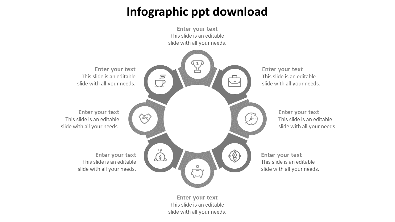 Infographic PowerPoint template with a grey circular design, featuring eight icons with placeholder text on a white backdrop.