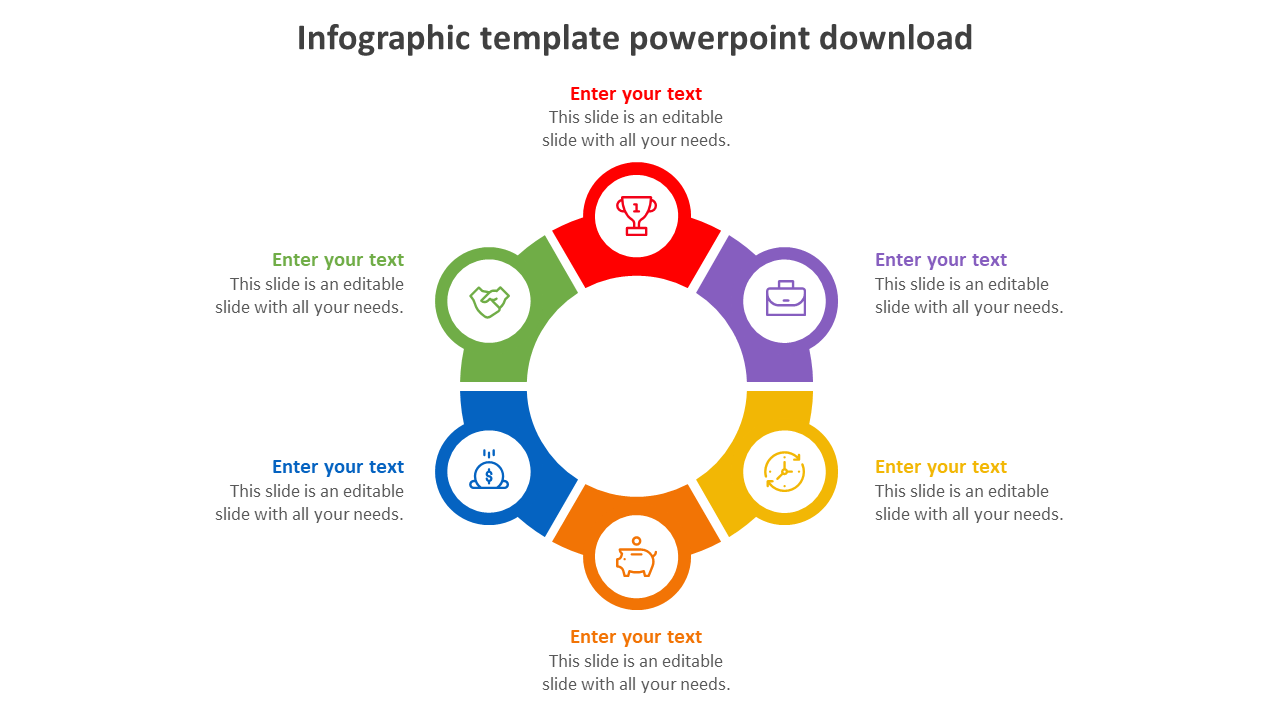 Circular infographic with six multicolored segments in red, purple, yellow, orange, blue, and green, each with an icon.