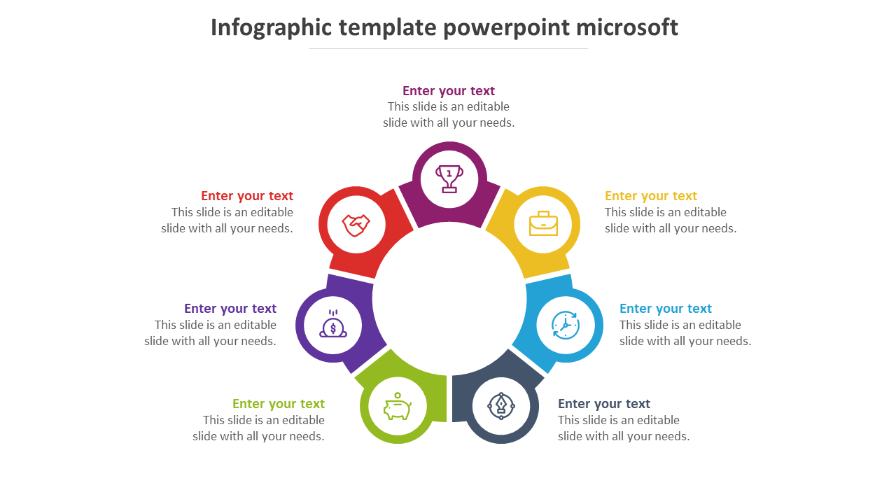 Circular infographic PowerPoint template with seven color coded sections and business related icons with placeholder text.