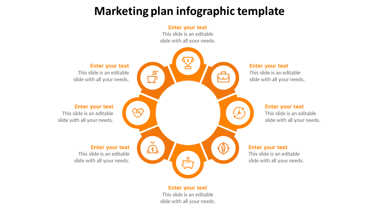 Slide featuring an orange circular infographic with eight segments, each containing an icon and space for text.