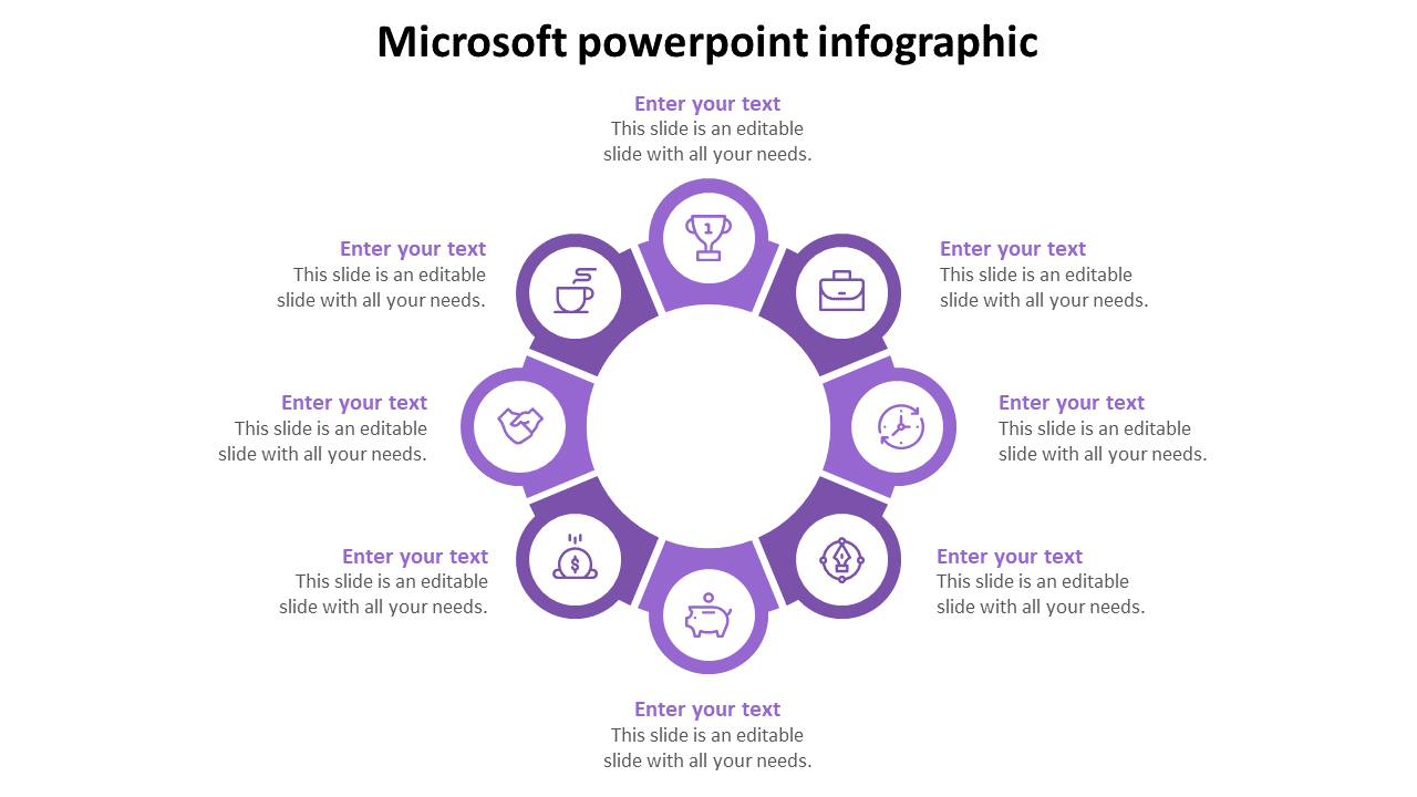 Infographic PPT template with a purple circular design, featuring eight icons with placeholder text on a white backdrop.