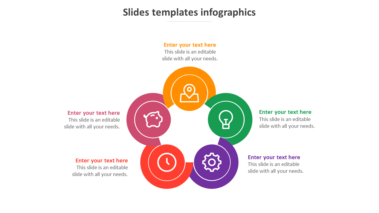 Circular infographic PPT Google Slides with five color coded sections and business related icons with placeholder text.