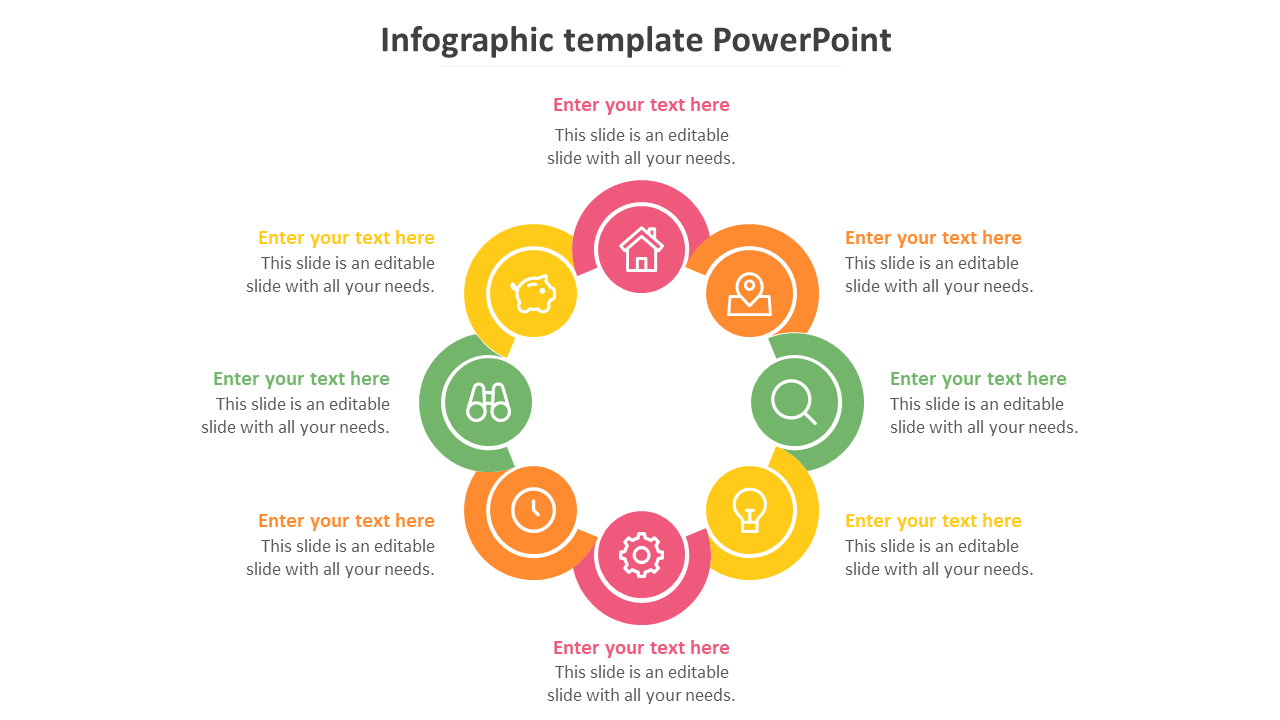 Colorful circular infographic with eight sections, each with an icon and text area, forming a closed loop layout.