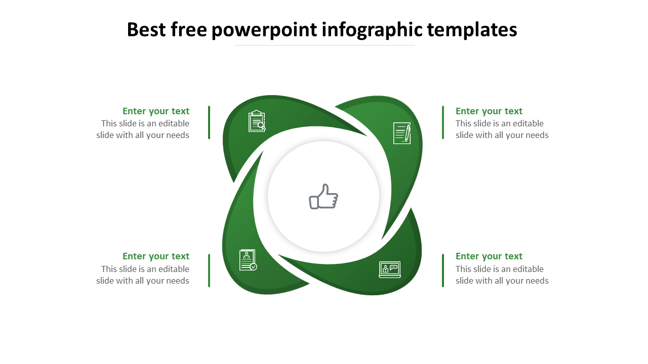 Central circular icon with a thumbs up symbol, surrounded by four overlapping green petal like shapes and text placeholders.