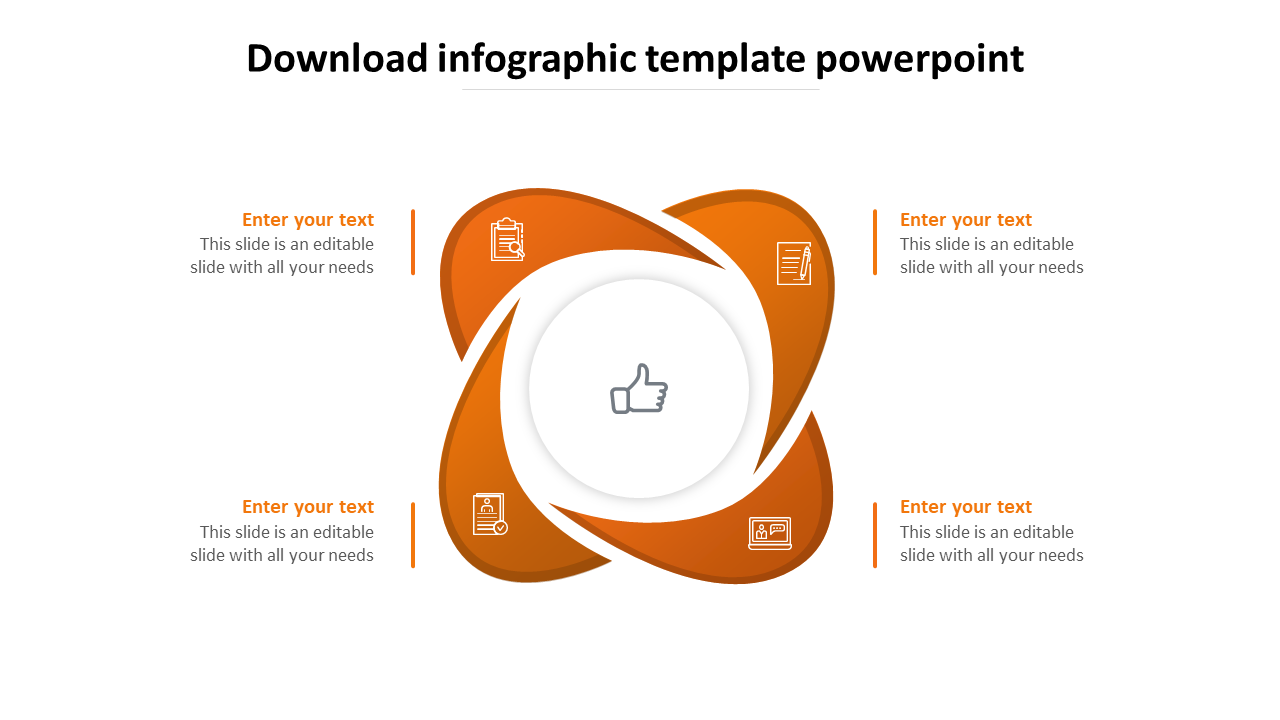 Slide with a circular infographic in orange, featuring four sections with icons and text areas.