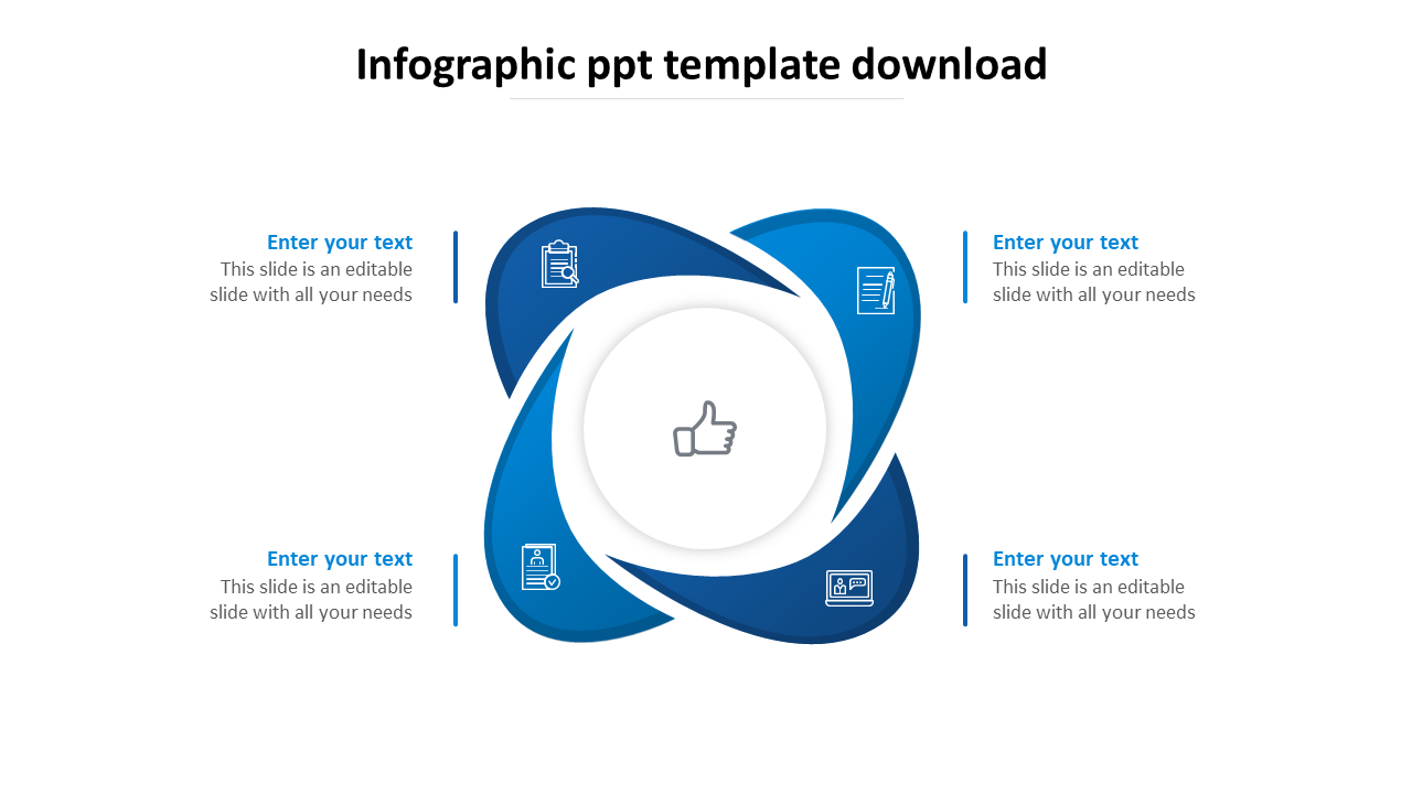 Infographic PowerPoint template with four sections for text and corresponding icons, arranged in a circular flow.