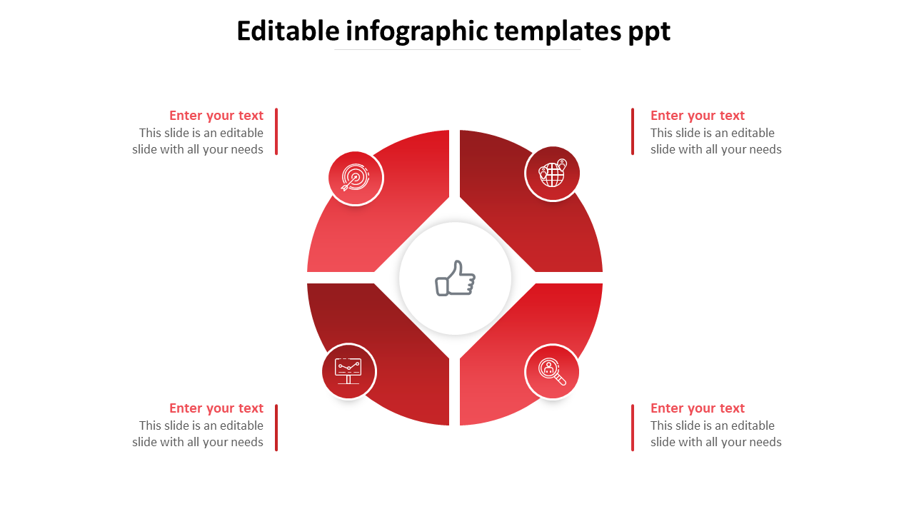 Infographic PPT slide with a red circular design and a central thumbs up icon with placeholder text on a white backdrop.