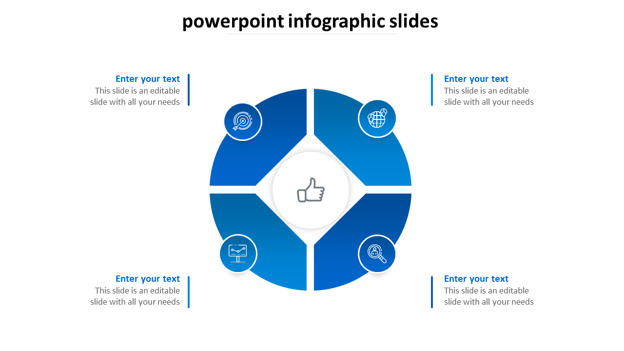 Infographic slide with a central thumbs-up icon surrounded by four blue segments, each with an icon and text placeholder.