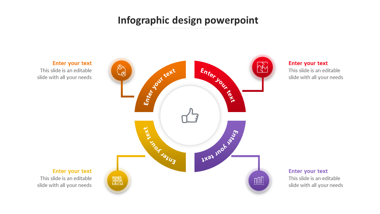 Circular infographic design featuring red, orange, yellow, and purple sections, each linked to text and icons.